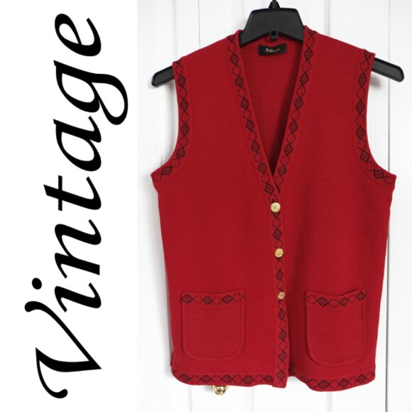 Vintage red wool vest with gold-tone buttons and black metallic thread - Picture 1 of 8